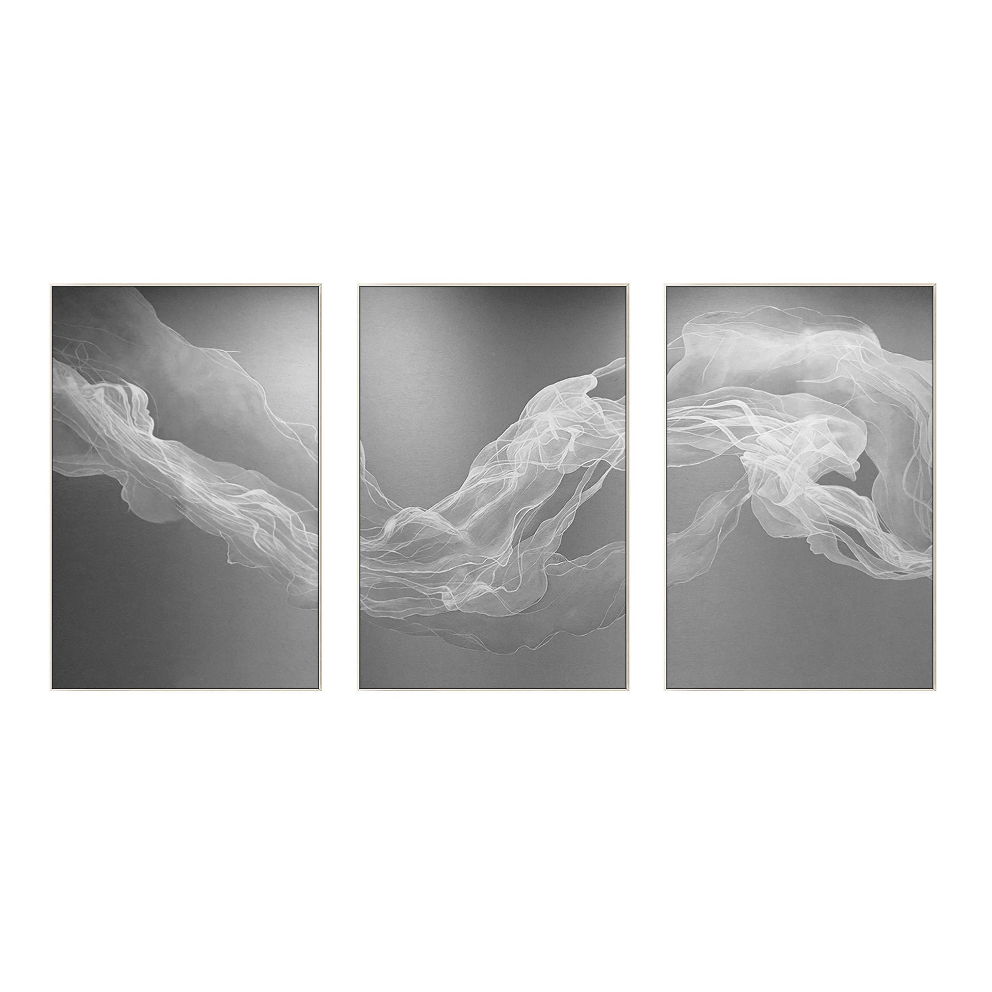 Set of 3 White Fog Painting, Ribbon Abstract Painting on Canvas, Livingroom Loun #8