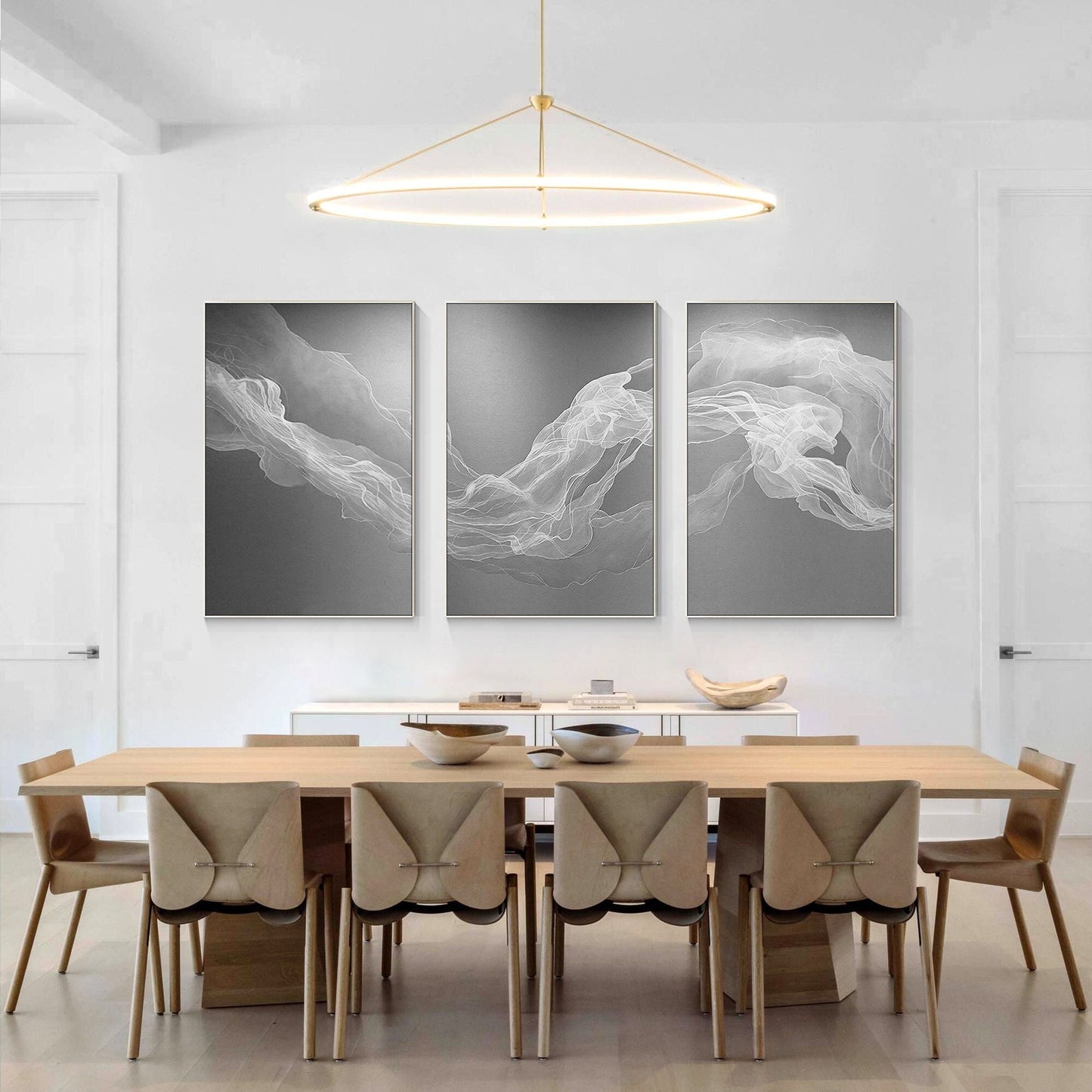 Set of 3 White Fog Painting, Ribbon Abstract Painting on Canvas, Livingroom Loun #1