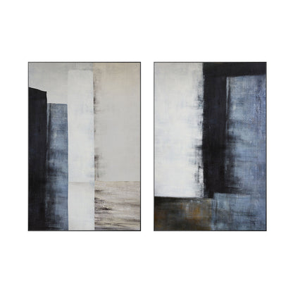 Set van 2: blauwzwart geometrisch Wabi Sabi-schilderij op canvas #18