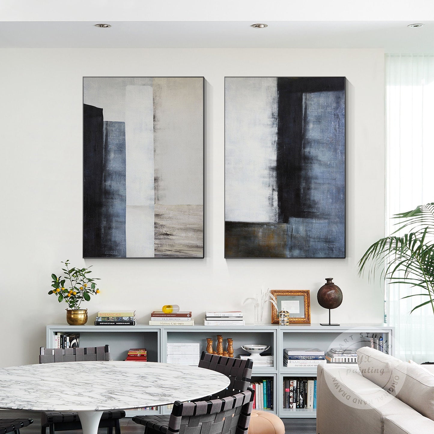 Set van 2: blauwzwart geometrisch Wabi Sabi-schilderij op canvas #1