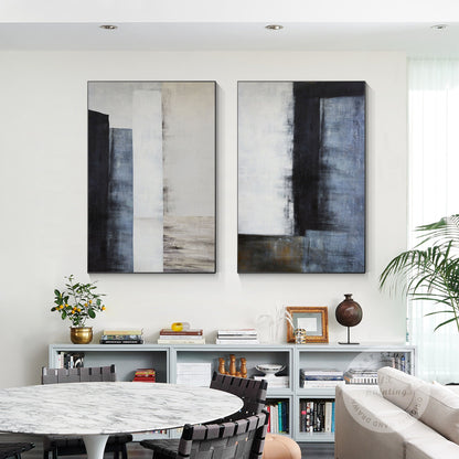 Set van 2: blauwzwart geometrisch Wabi Sabi-schilderij op canvas #1