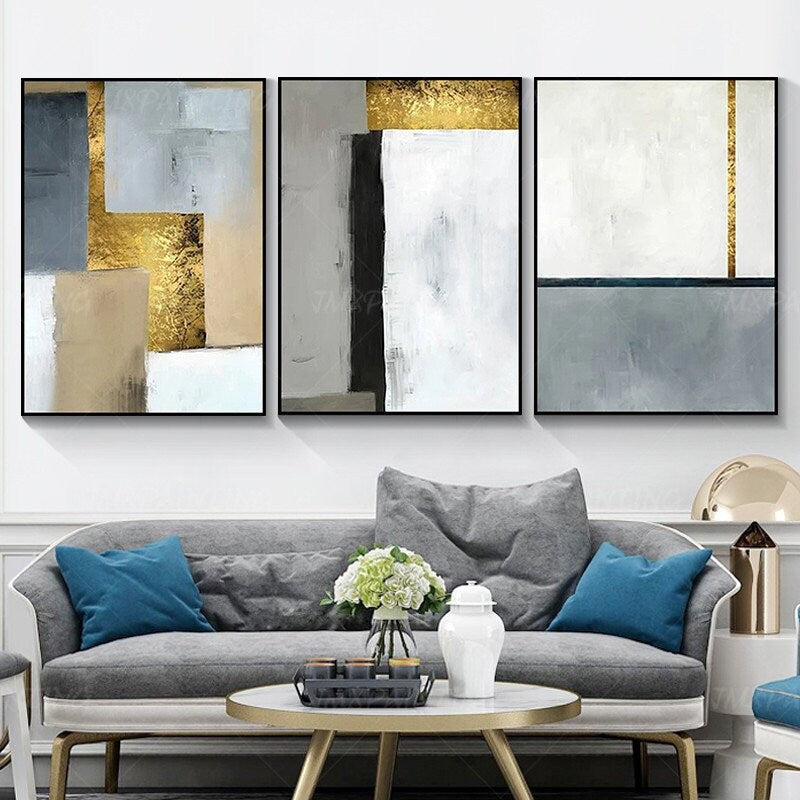 Set van 3 geometrische kunst aan de muur acrylschilderijen op canvas ingelijste  #12