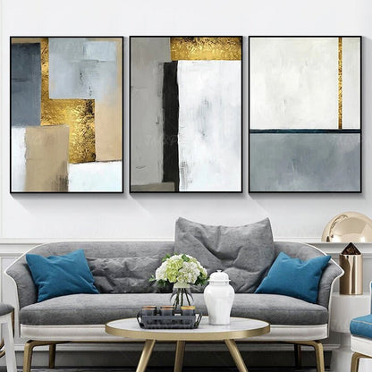 Set van 3 geometrische kunst aan de muur acrylschilderijen op canvas ingelijste  #12