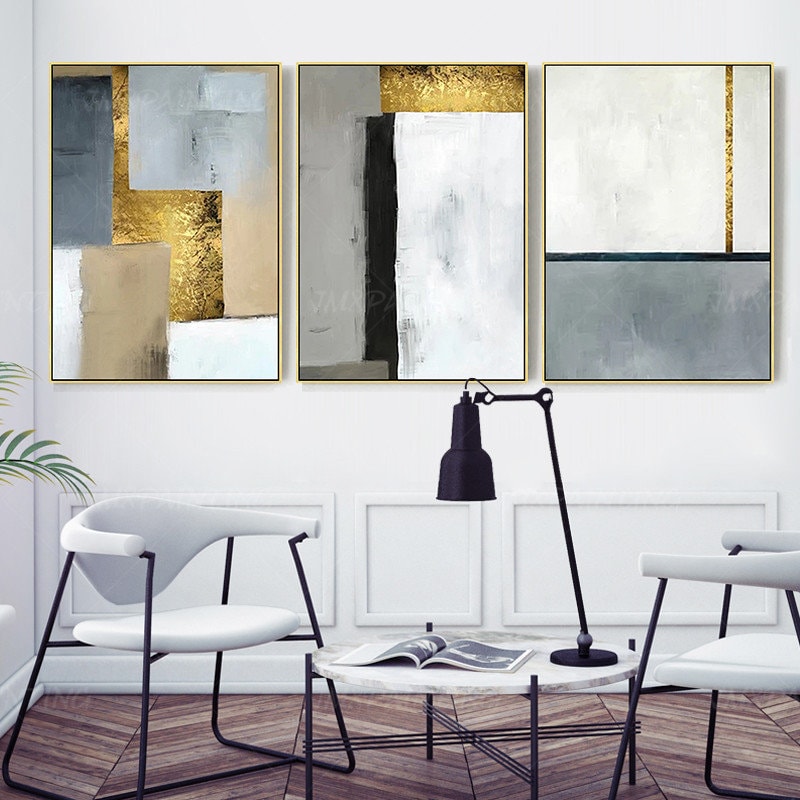 Set van 3 geometrische kunst aan de muur acrylschilderijen op canvas ingelijste  #15
