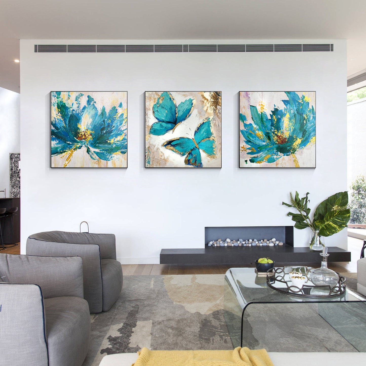 Set van 3 muurkunst abstracte bloemen vlinder blauwe kunst ingelijste schilderij #2