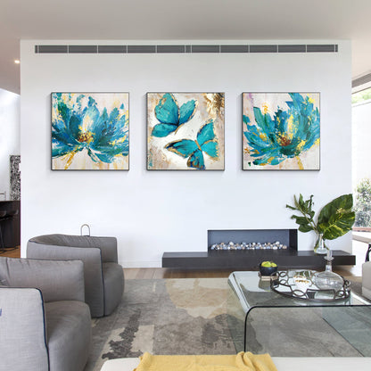 Set van 3 muurkunst abstracte bloemen vlinder blauwe kunst ingelijste schilderij #11
