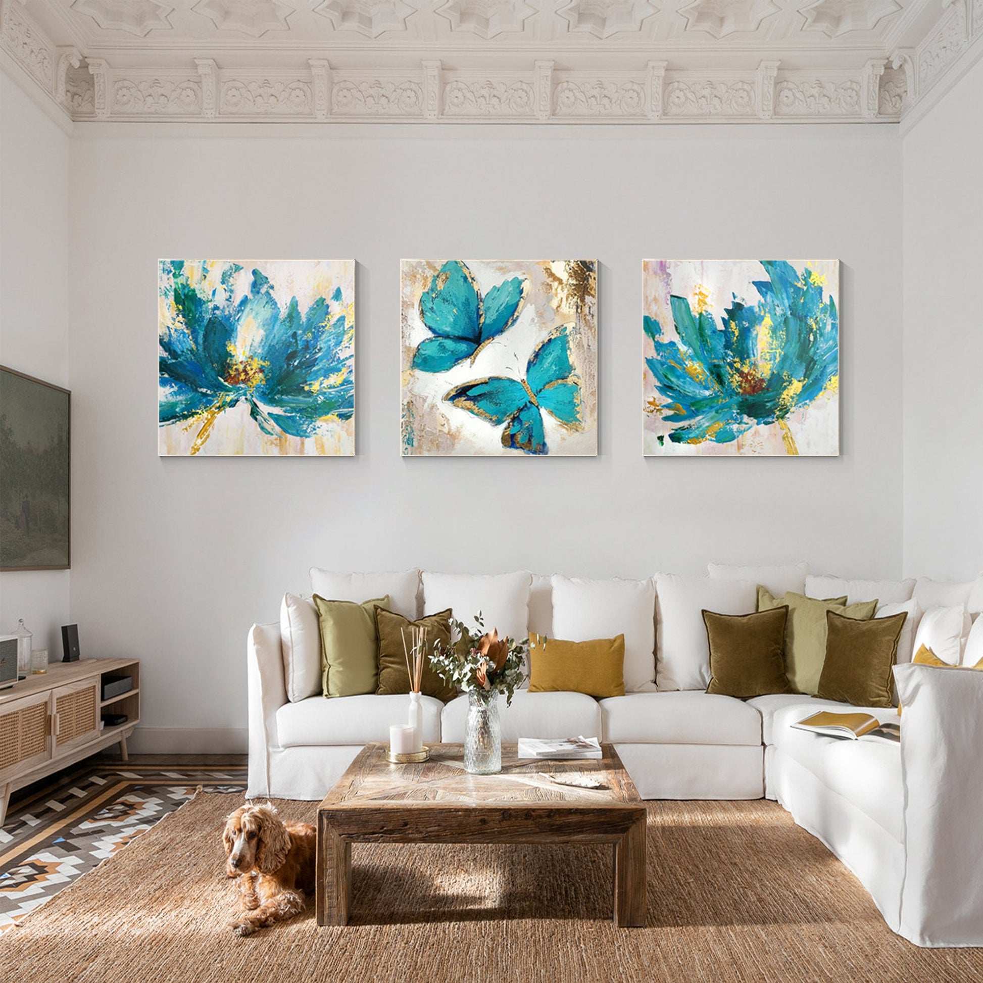 Set van 3 muurkunst abstracte bloemen vlinder blauwe kunst ingelijste schilderij #12