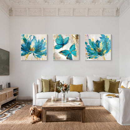 Set van 3 muurkunst abstracte bloemen vlinder blauwe kunst ingelijste schilderij #12