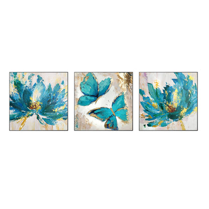 Set van 3 muurkunst abstracte bloemen vlinder blauwe kunst ingelijste schilderij #18