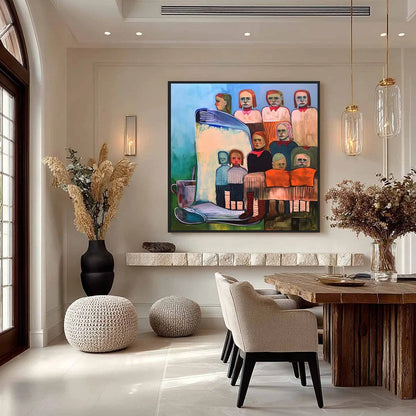 SHARED SILENCE: Expressive Figurative Portrait Group Oil Painting | gold frame stretched on neutral wall