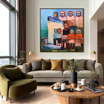 SHARED SILENCE: Expressive Figurative Portrait Group Oil Painting | black frame version on white wall