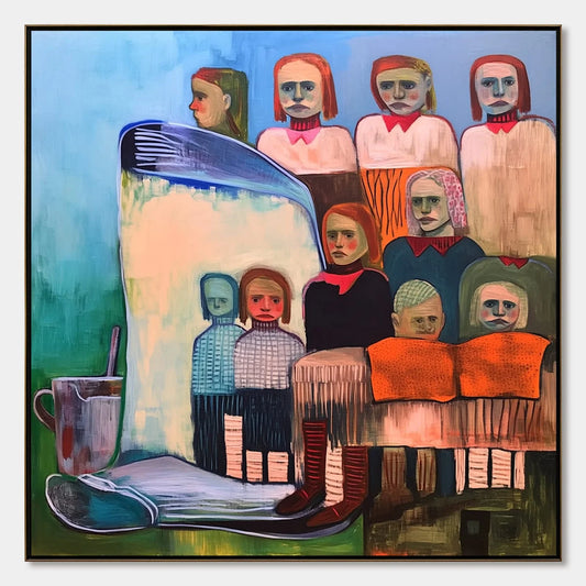 SHARED SILENCE: Expressive Figurative Portrait Group Oil Painting | hanging in living room, Figurative wall art