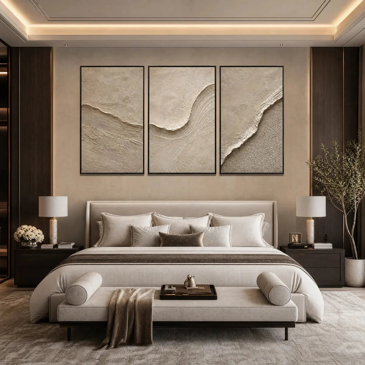 SHORELINE ECHO: Textured Beige Wabi Sabi Wall Art Set of 3 | Abstract closeup, raised brushwork detail