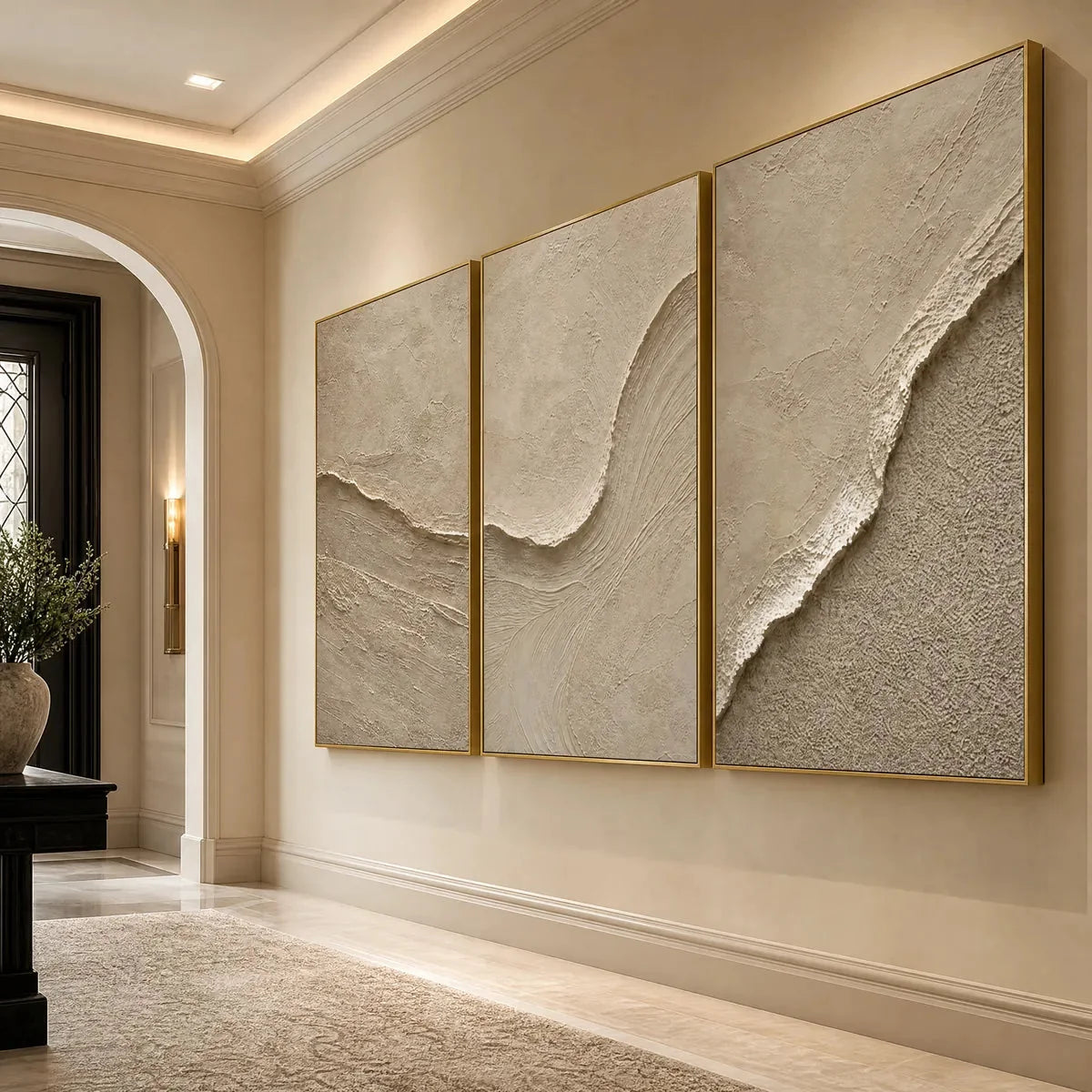 SHORELINE ECHO: Textured Beige Wabi Sabi Wall Art Set of 3 | gold frame stretched on neutral wall