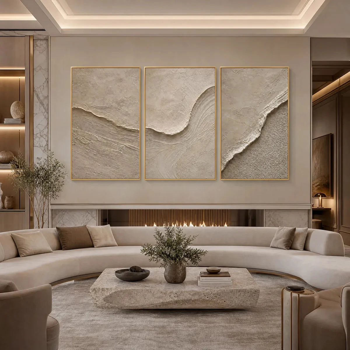 SHORELINE ECHO: Textured Beige Wabi Sabi Wall Art Set of 3 | rolled canvas, ready for custom framing