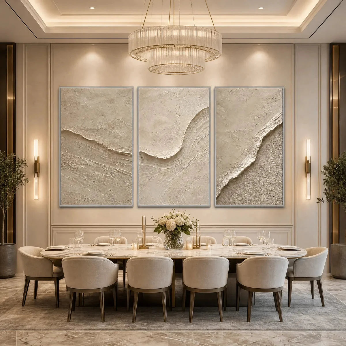 SHORELINE ECHO: Textured Beige Wabi Sabi Wall Art Set of 3 | black frame version on white wall