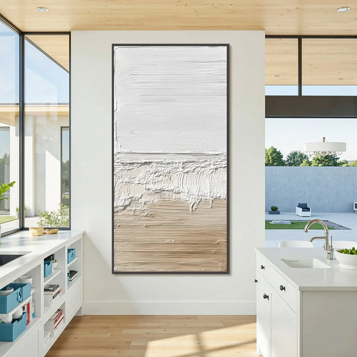 SHORELINE ECHO: Wabi Sabi Textured Minimalist Painting | gold frame stretched on neutral wall