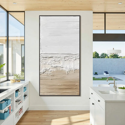 SHORELINE ECHO: Wabi Sabi Textured Minimalist Painting | gold frame stretched on neutral wall