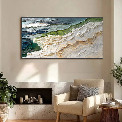SHORELINE ECHOES: Textured Wabi Sabi Seascape Painting | Abstract closeup, raised brushwork detail