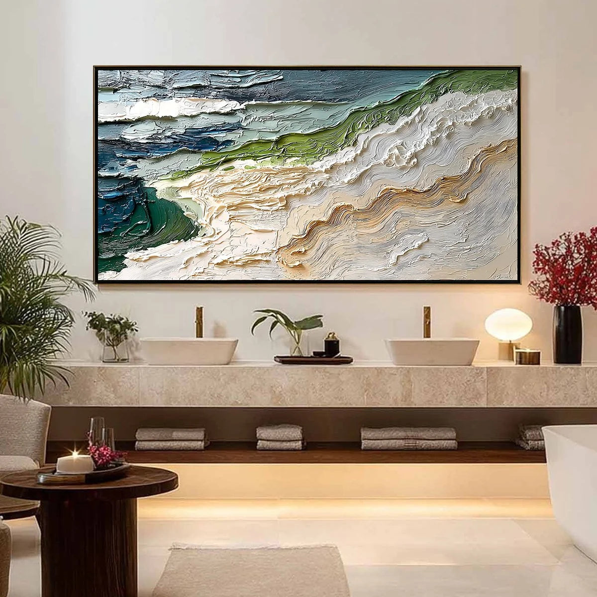 SHORELINE ECHOES: Textured Wabi Sabi Seascape Painting | gold frame stretched on neutral wall