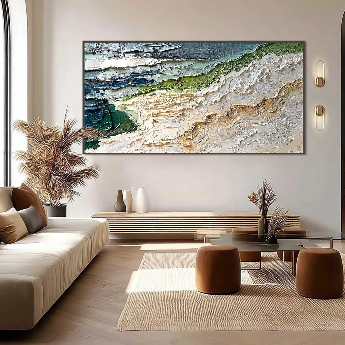 SHORELINE ECHOES: Textured Wabi Sabi Seascape Painting | black frame version on white wall