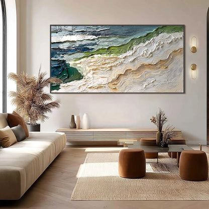 SHORELINE ECHOES: Textured Wabi Sabi Seascape Painting | black frame version on white wall
