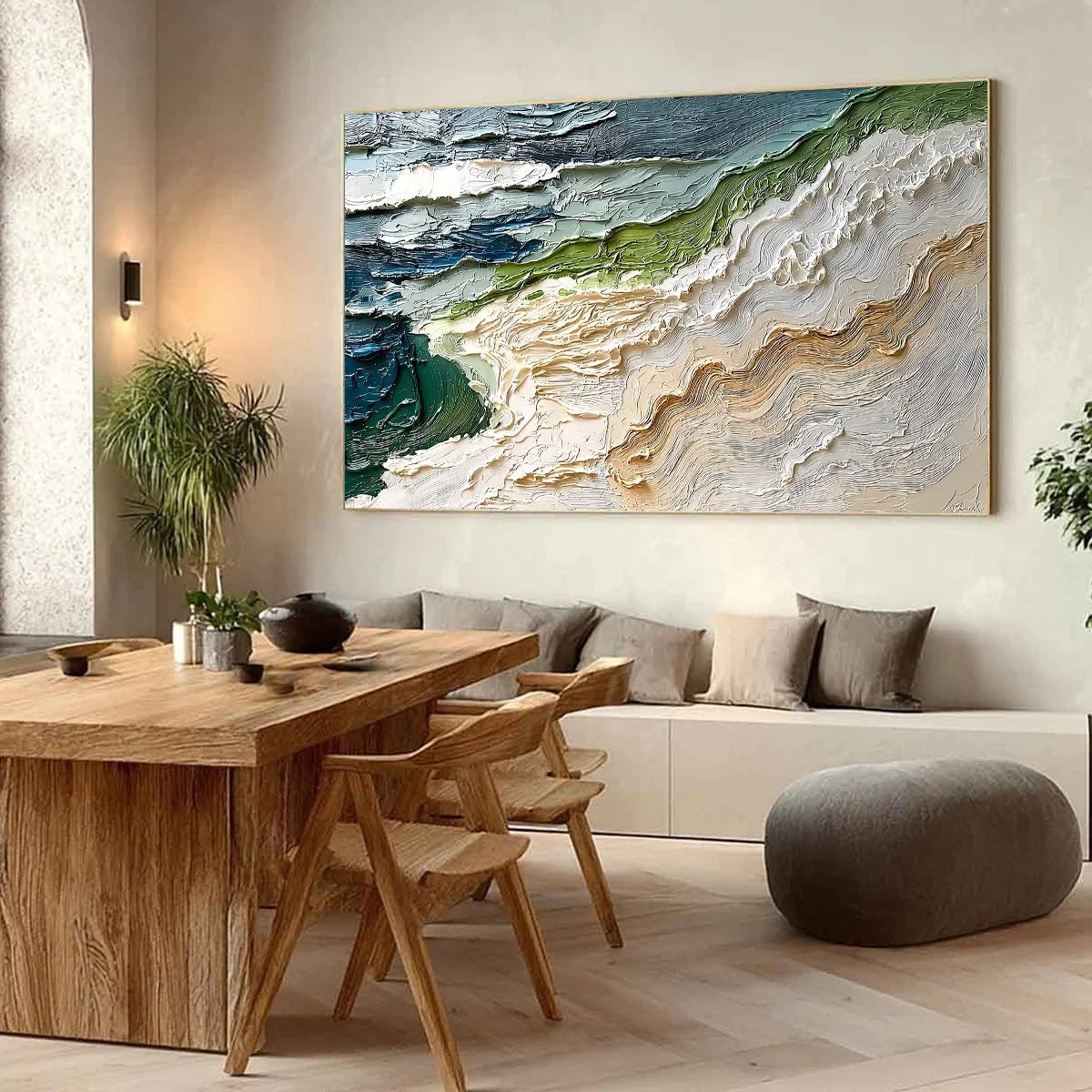 SHORELINE ECHOES: Textured Wabi Sabi Seascape Painting | Abstract mood, soft natural light studio shot