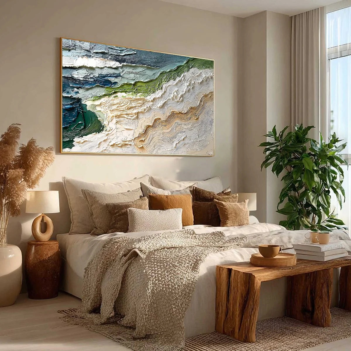 SHORELINE ECHOES: Textured Wabi Sabi Seascape Painting | multi-color palette, original oil on stretched canvas art