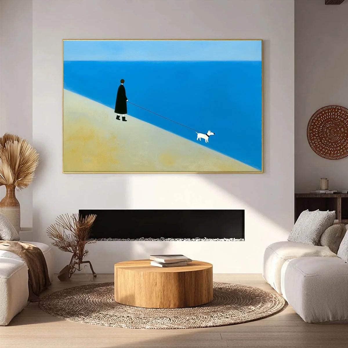 SHORELINE Minimalist Beach Scene with Dog Original Oil Painting | gold frame stretched on neutral wall