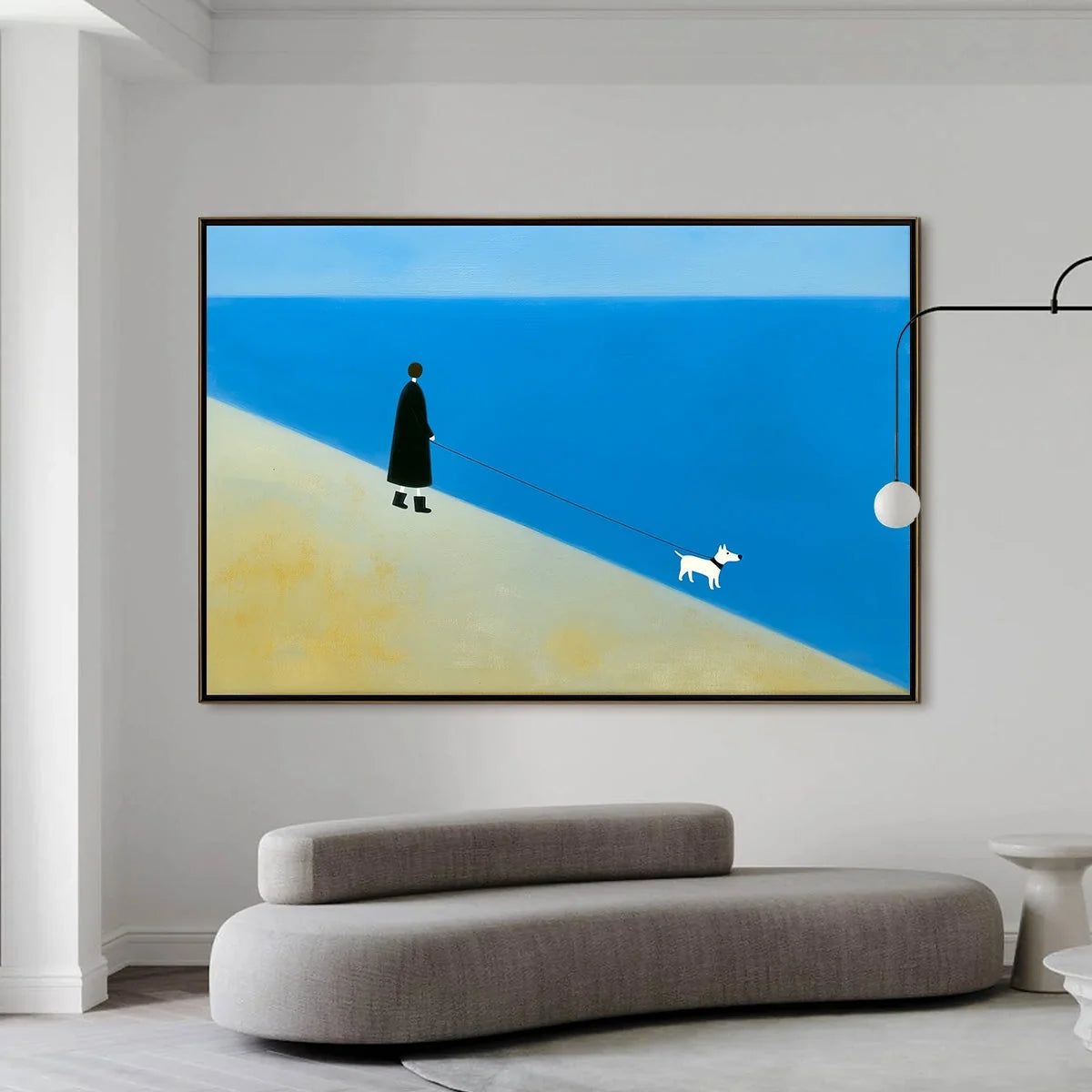 SHORELINE Minimalist Beach Scene with Dog Original Oil Painting | black frame version on white wall