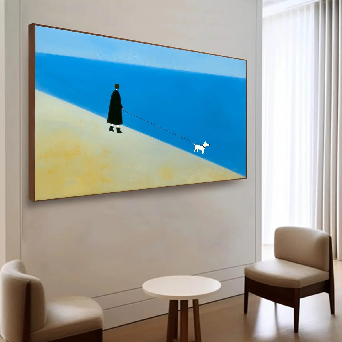 SHORELINE Minimalist Beach Scene with Dog Original Oil Painting | Minimalist mood, soft natural light studio shot
