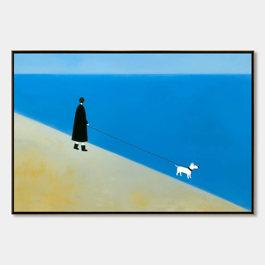 SHORELINE Minimalist Beach Scene with Dog Original Oil Painting | hanging in living room, Minimalist wall art