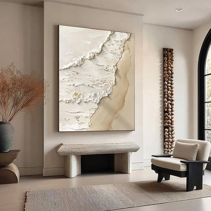 SHORELINE WHISPERS: Textured Minimalist Beach Scene Painting | rectangular format, hand-painted canvas edge