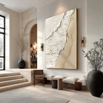SHORELINE WHISPERS: Textured Minimalist Beach Scene Painting | gold frame stretched on neutral wall