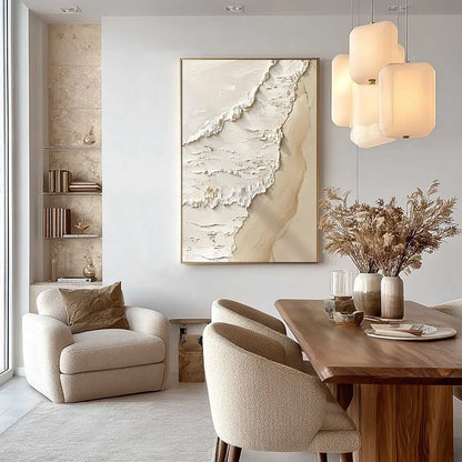 SHORELINE WHISPERS: Textured Minimalist Beach Scene Painting | rolled canvas, ready for custom framing