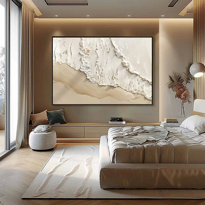 SHORELINE WHISPERS: Textured Minimalist Beach Scene Painting | black frame version on white wall