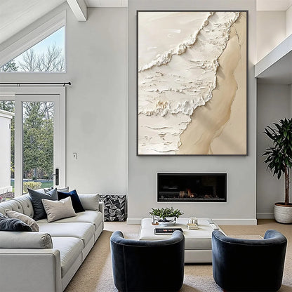 SHORELINE WHISPERS: Textured Minimalist Beach Scene Painting | Minimalist mood, soft natural light studio shot