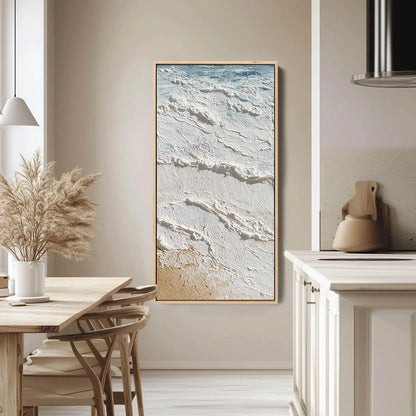 SHORELINE WHISPERS: Textured Wabi Sabi Coastal Painting | gold frame stretched on neutral wall