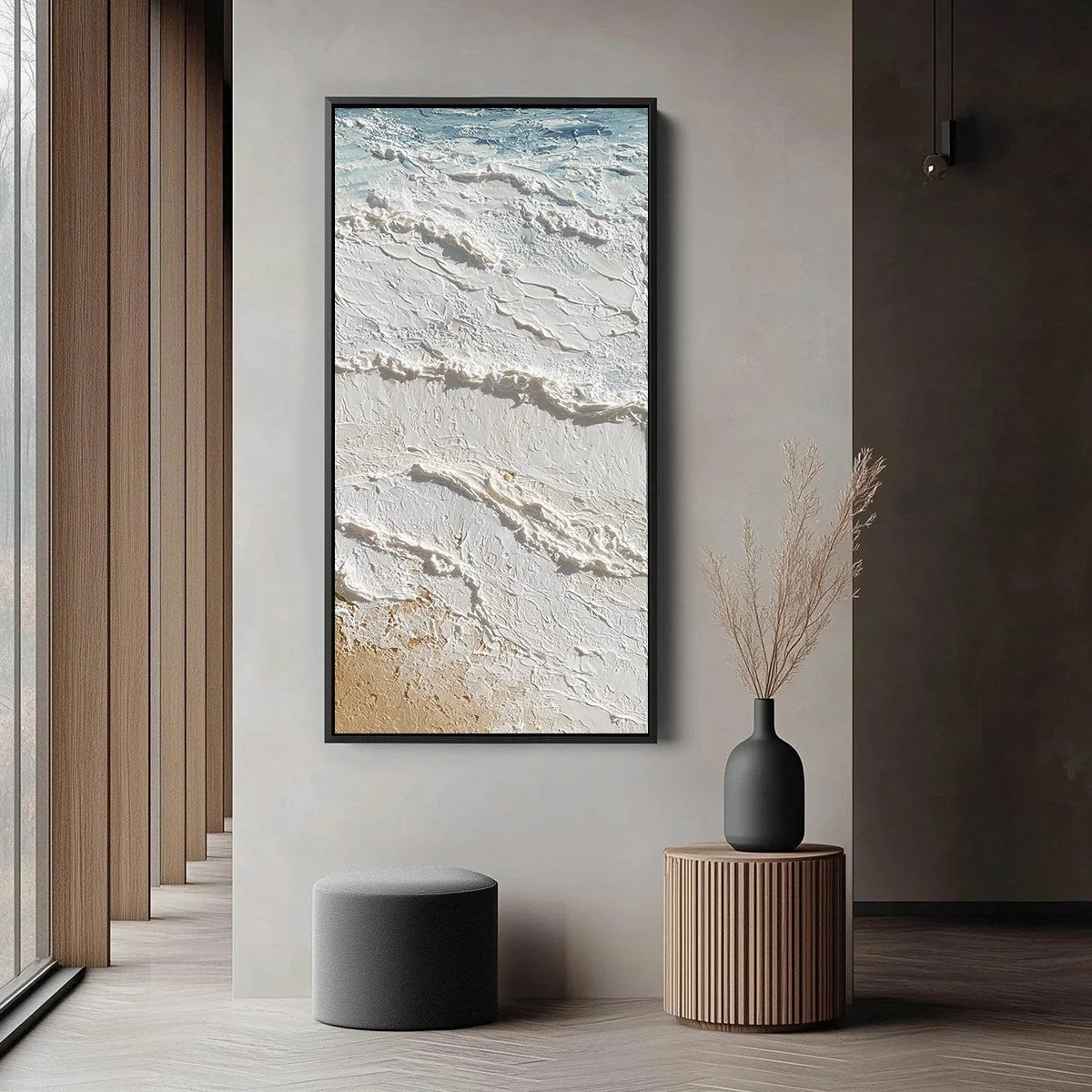 SHORELINE WHISPERS: Textured Wabi Sabi Coastal Painting | black frame version on white wall