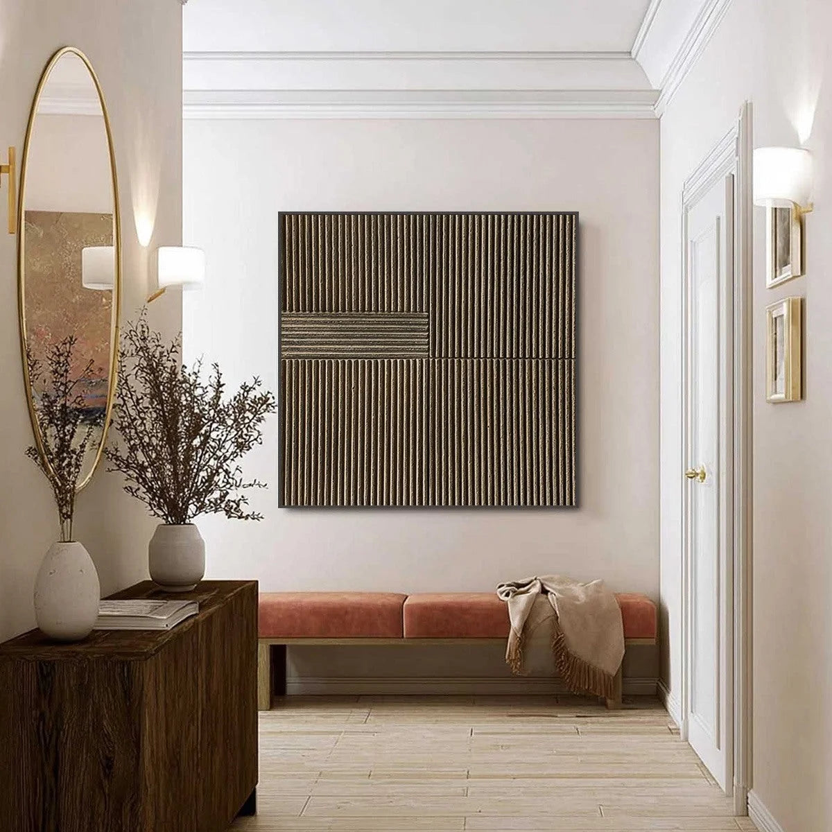 SILENT CADENCE: Square Textured Wabi-Sabi Abstract Wall Art | black frame version on white wall