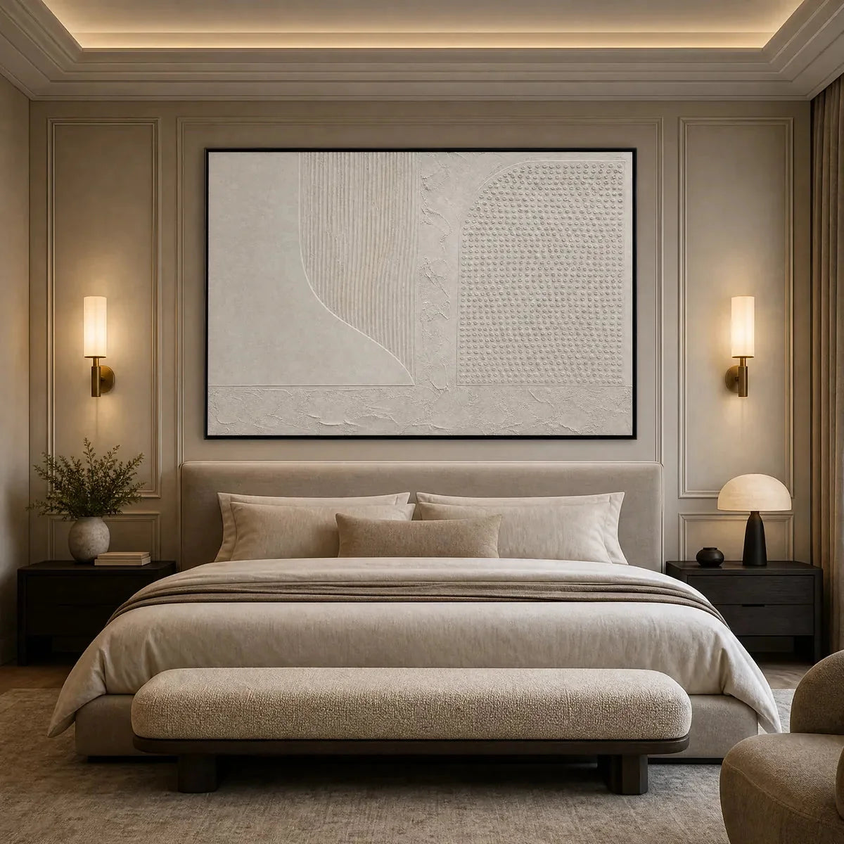 SILENT COMPOSITION: Large Textured Minimalist Wabi Sabi Wall Art | gold frame stretched on neutral wall