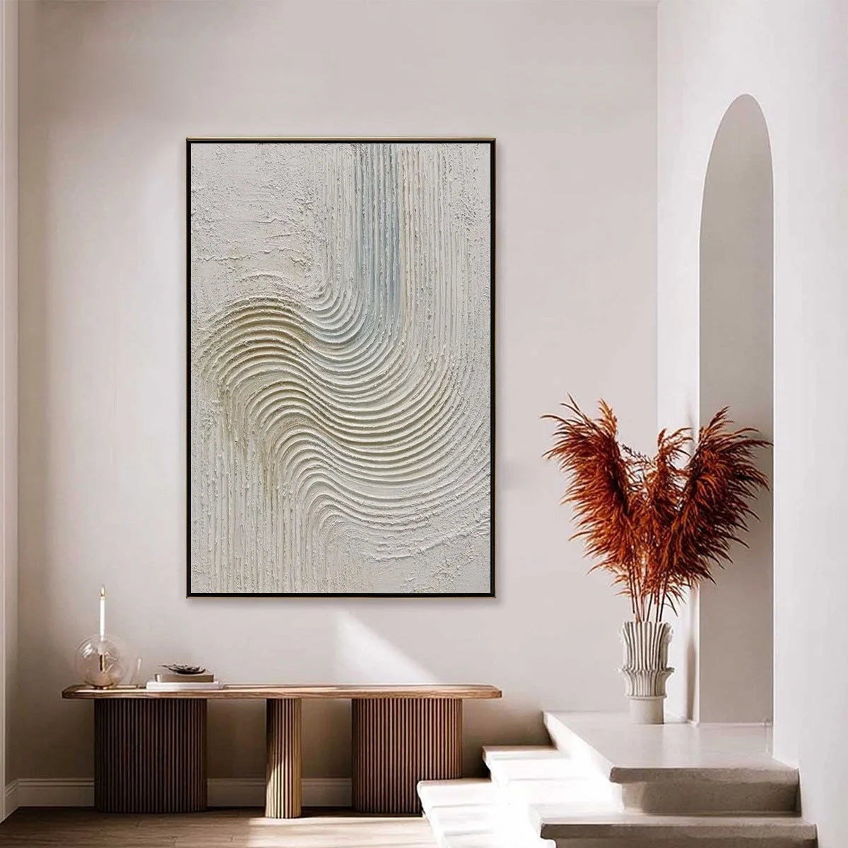 SILENT FREQUENCY: Textured Wabi Sabi Minimalist Abstract Wall Art | gold frame stretched on neutral wall