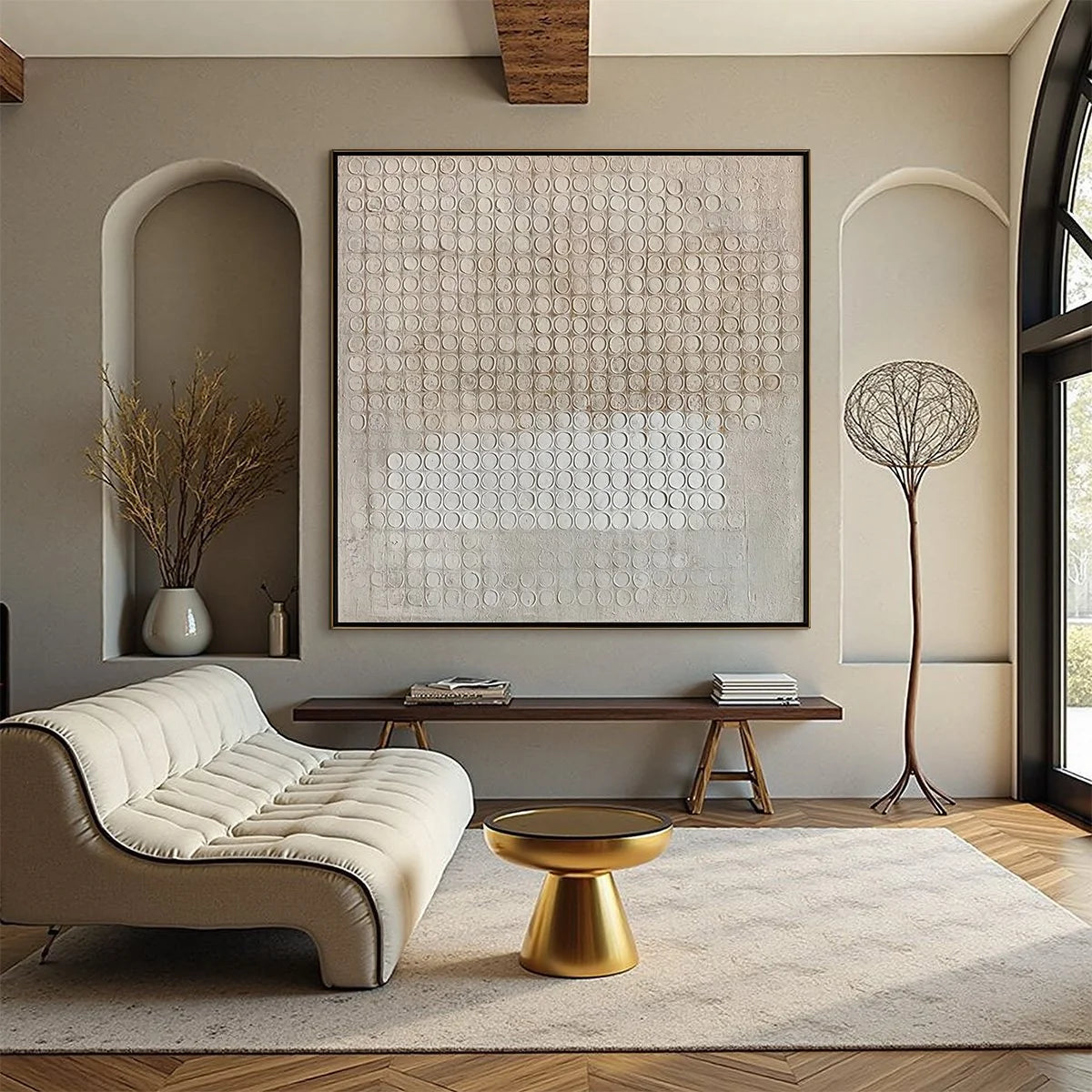 SILENT RHYTHM: Textured Wabi Sabi Abstract Painting in Neutral Tones | gold frame stretched on neutral wall