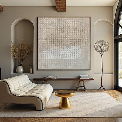 SILENT RHYTHM: Textured Wabi Sabi Abstract Painting in Neutral Tones | gold frame stretched on neutral wall