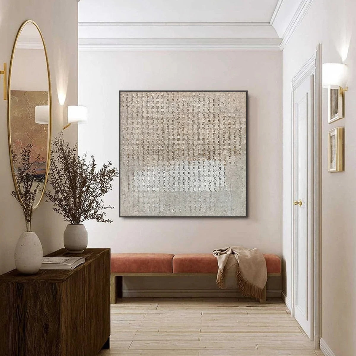 SILENT RHYTHM: Textured Wabi Sabi Abstract Painting in Neutral Tones | black frame version on white wall