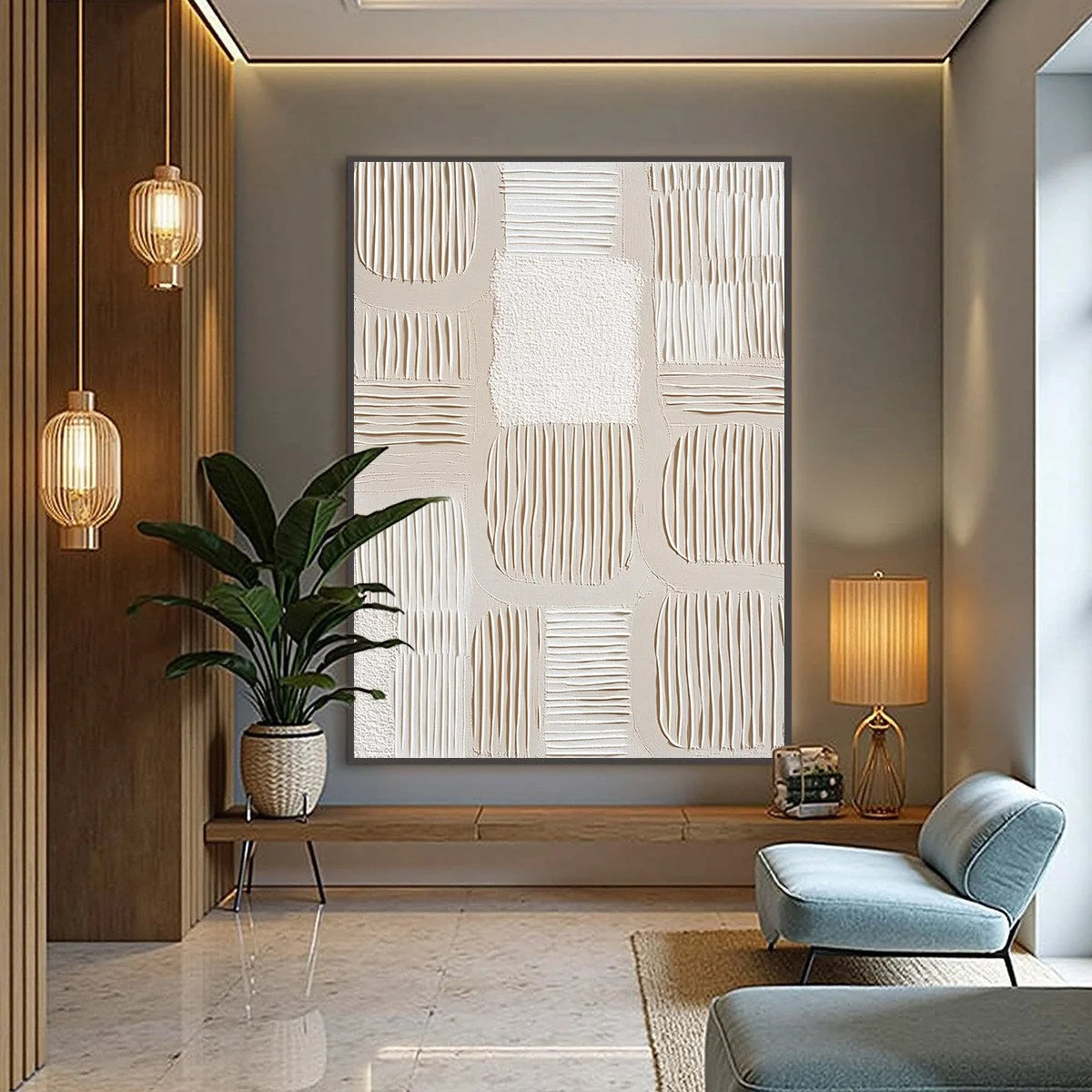 SILENT RHYTHMS: Textured Wabi Sabi Abstract Painting | gold frame stretched on neutral wall