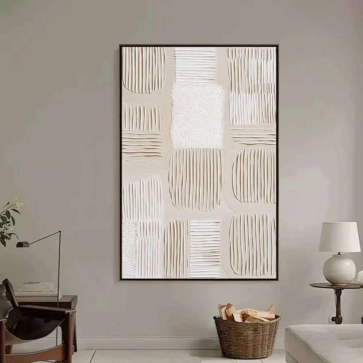 SILENT RHYTHMS: Textured Wabi Sabi Abstract Painting | black frame version on white wall