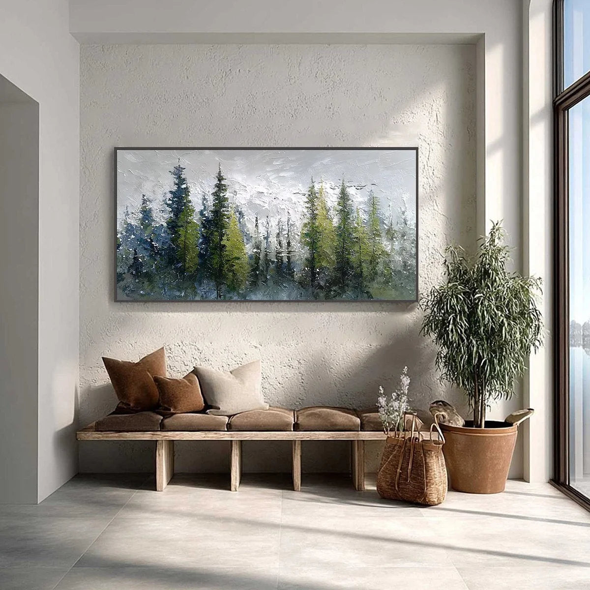 SILENT SENTINELS: Textured Impasto Pine Forest Landscape Painting | Landscape closeup, raised brushwork detail
