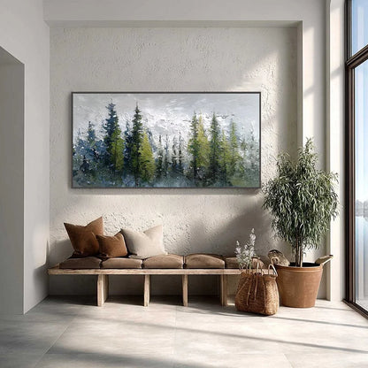 SILENT SENTINELS: Textured Impasto Pine Forest Landscape Painting | Landscape closeup, raised brushwork detail