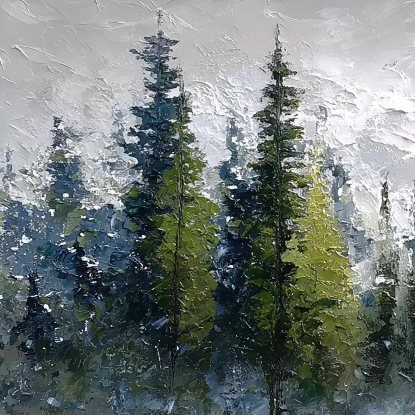 SILENT SENTINELS: Textured Impasto Pine Forest Landscape Painting | rectangular format, hand-painted canvas edge